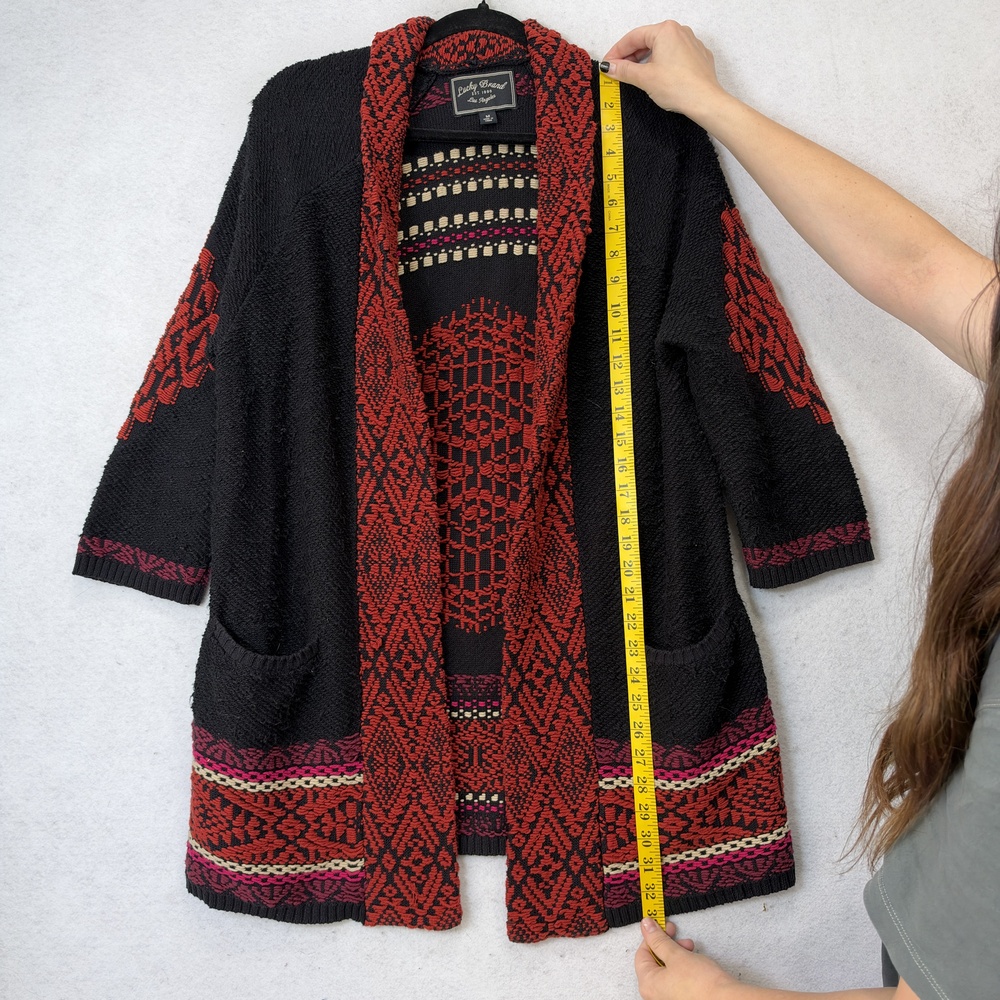 Lucky Brand Cardigan Sweater Womens Medium Black Red Boho Open Knit Pockets - Picture 9 of 12